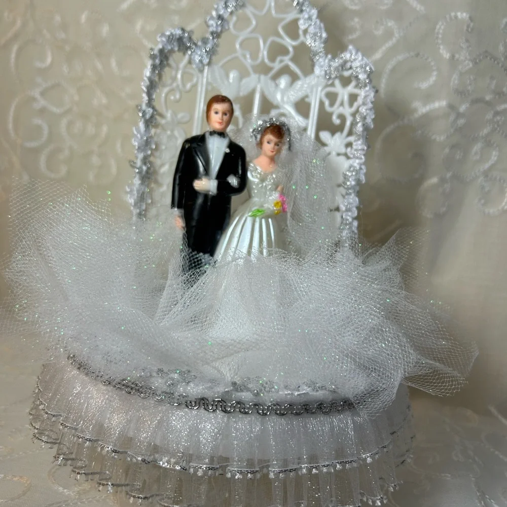 Classic Bride and Groom Wedding Cake Topper with Silver Accents